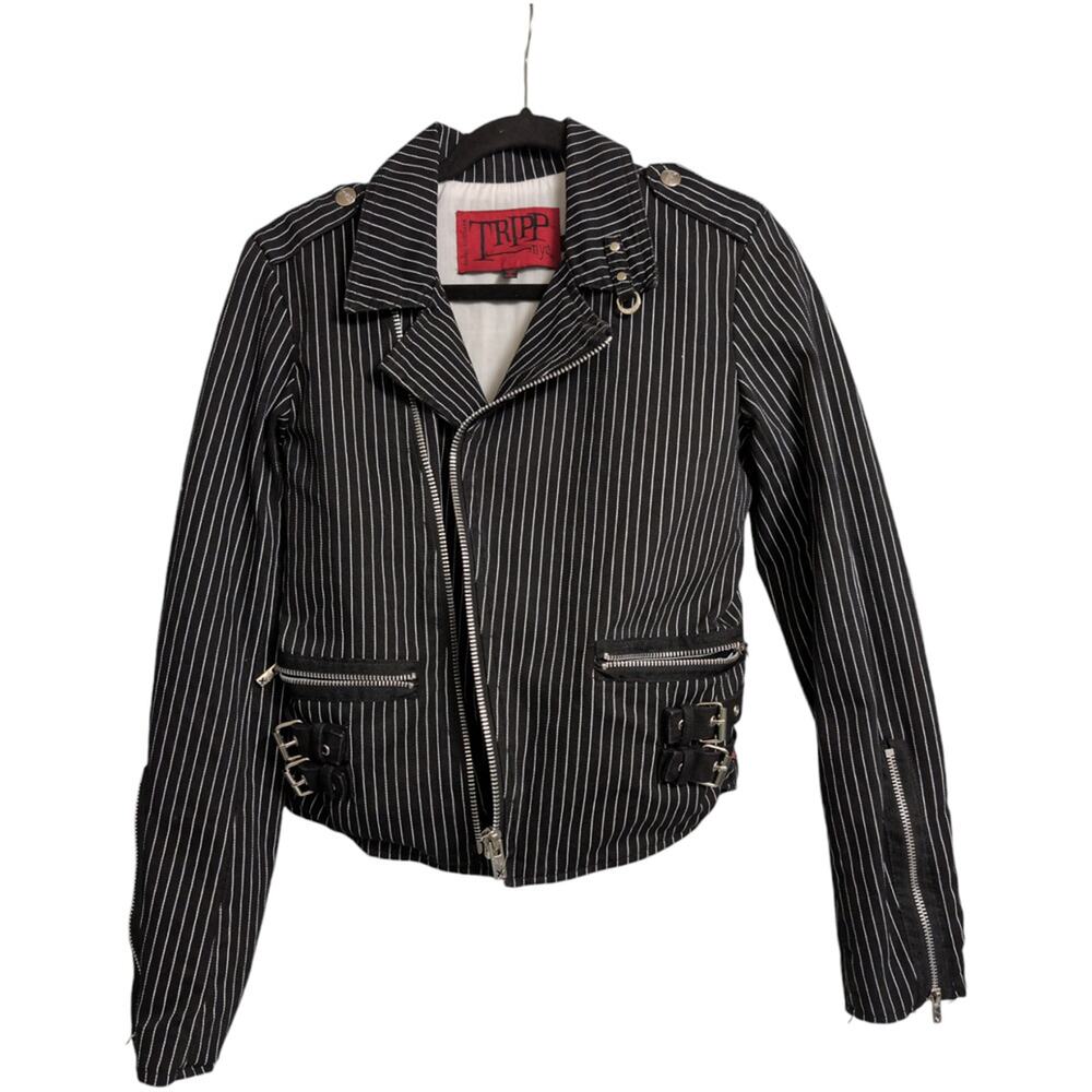 Tripp NYC Black White Striped Asymmetrical Zip Biker Jacket Moto Size M - Picture 3 of 9